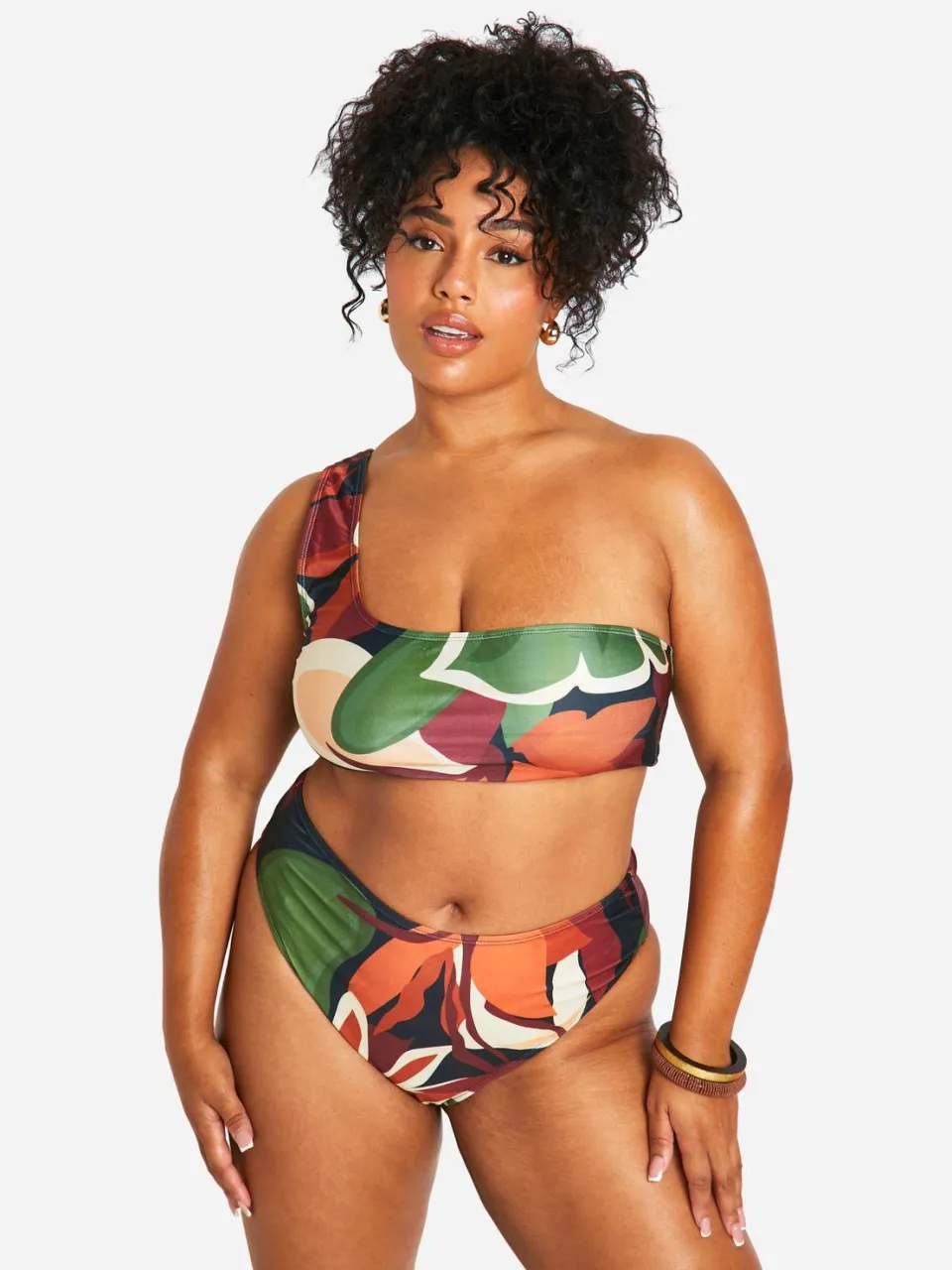 boohoo Dames Plus Tropical One-Shoulder Bikini multicolor, foto 3