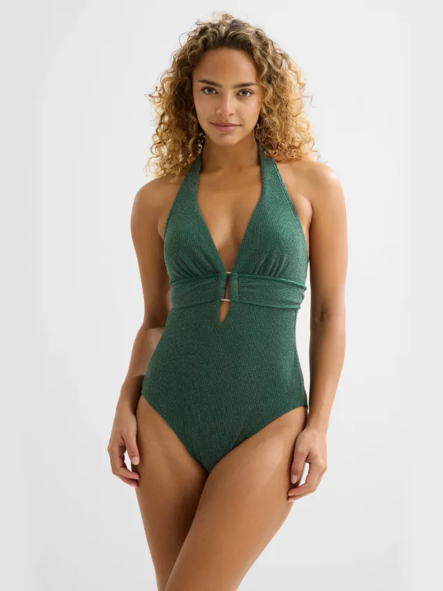 BEACHWAVE seersucker corrigerend badpak met lurex groen