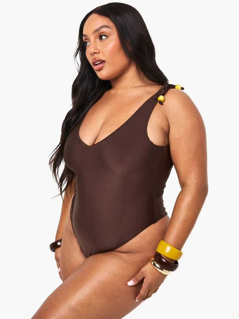 boohoo Dames Plus Kralencharme rugloze badpak chocoladebruin, foto 3