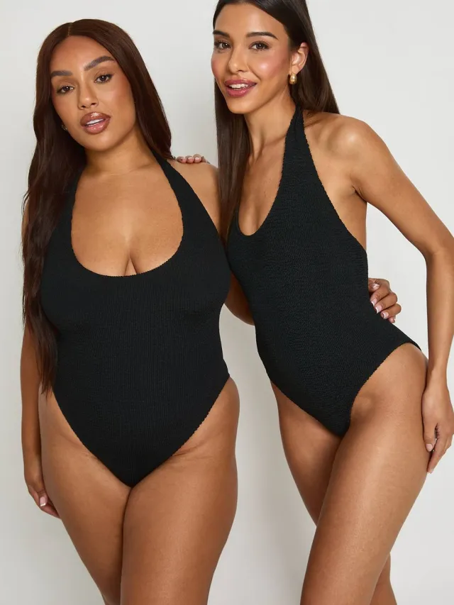 boohoo Dames Premium One Size Fits All Gekreukt Badpak Met Diepe Hals En Halternek zwart, foto 3