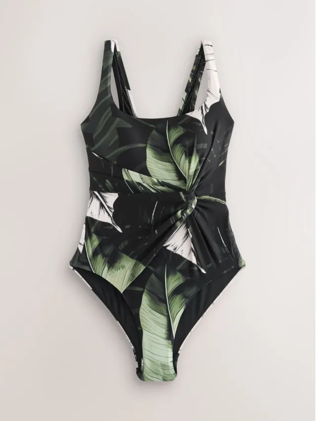 Next Dames - Buikcorrigerend badpak met gedraaide watervalhals - Zwart Black/Green Leaf