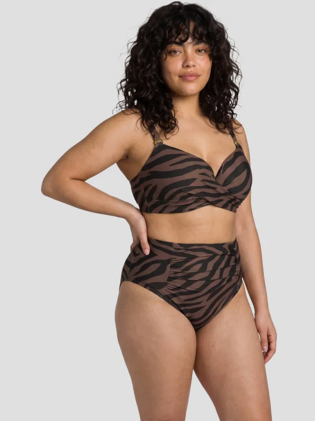 BEACHWAVE Curve high waist bikinibroekje met zebraprint - donkerbruin/zwart
