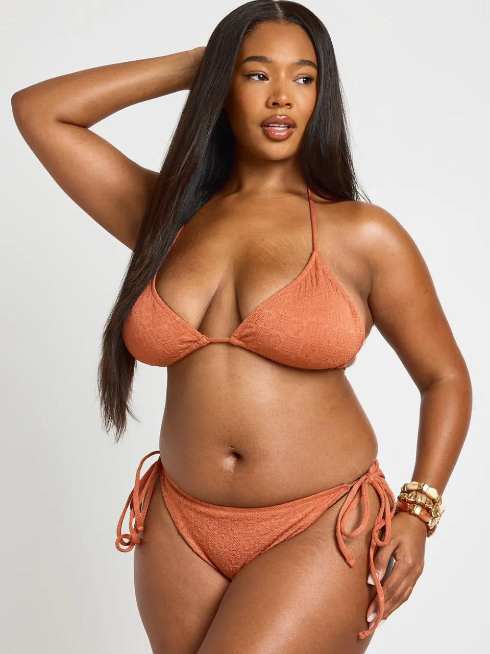 boohoo Dames Plus Getextureerde Driehoekige Bikiniset Met Strikbandjes Aan De Zijkant terracotta, foto 3