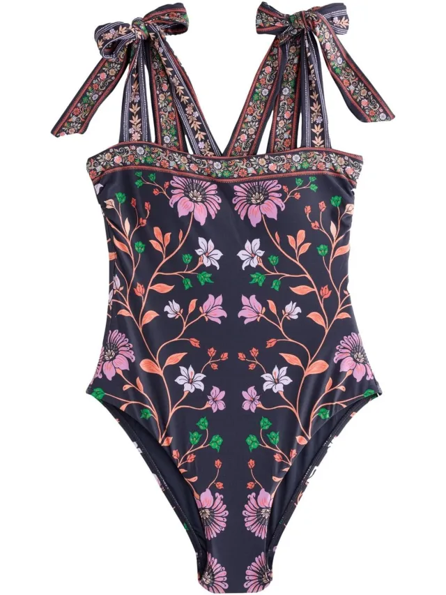 Next Dames - Badpak met rechthoekige hals en strikken - Blauw Navy Pink Floral