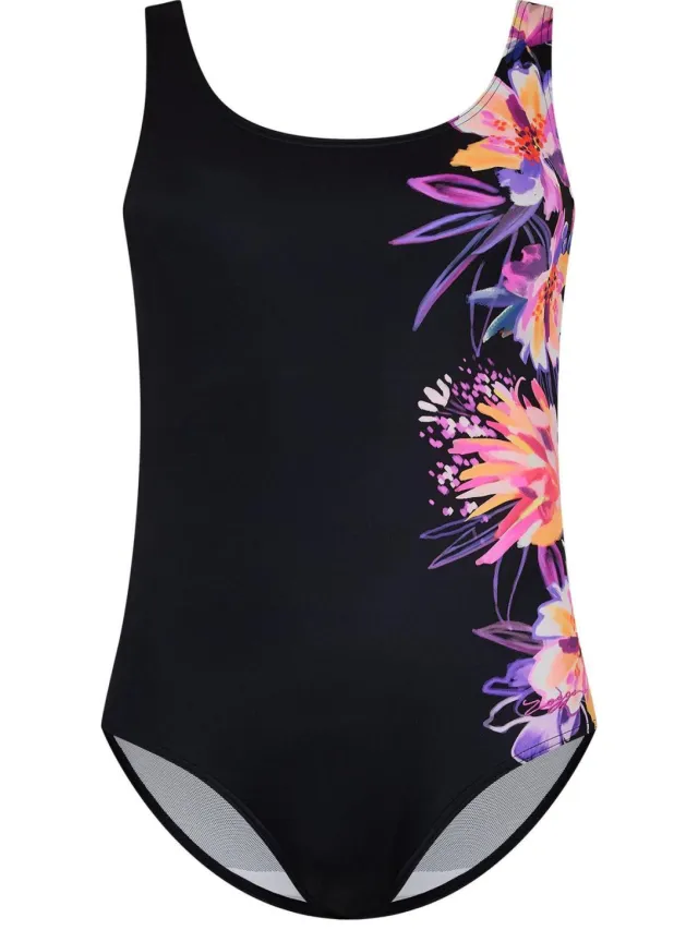 Zoggs Dames Bloemen Scoopback Eintepiece Badpak (Zwart)