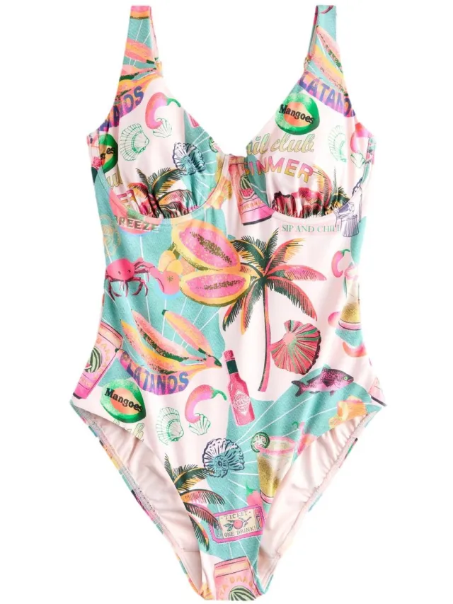Next Dames - Buikcorrigerend DD+ badpak met beugel - Groen Conversational Print