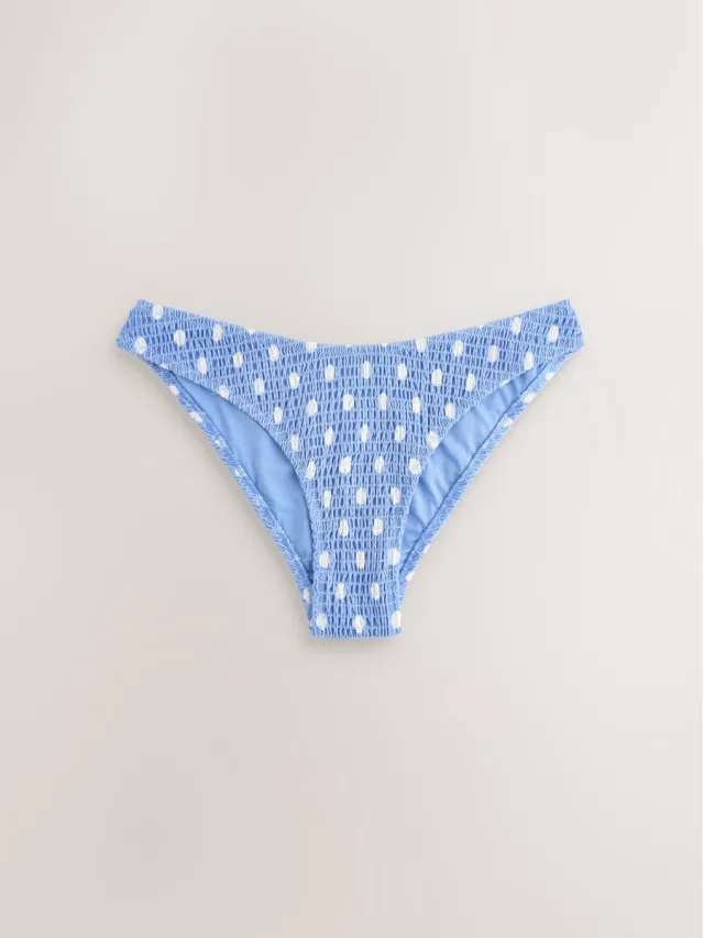 Next Dames - Hoog uitgesneden Braziliaans bikinibroekje met plooien - Blauw Blue/Cream Spot