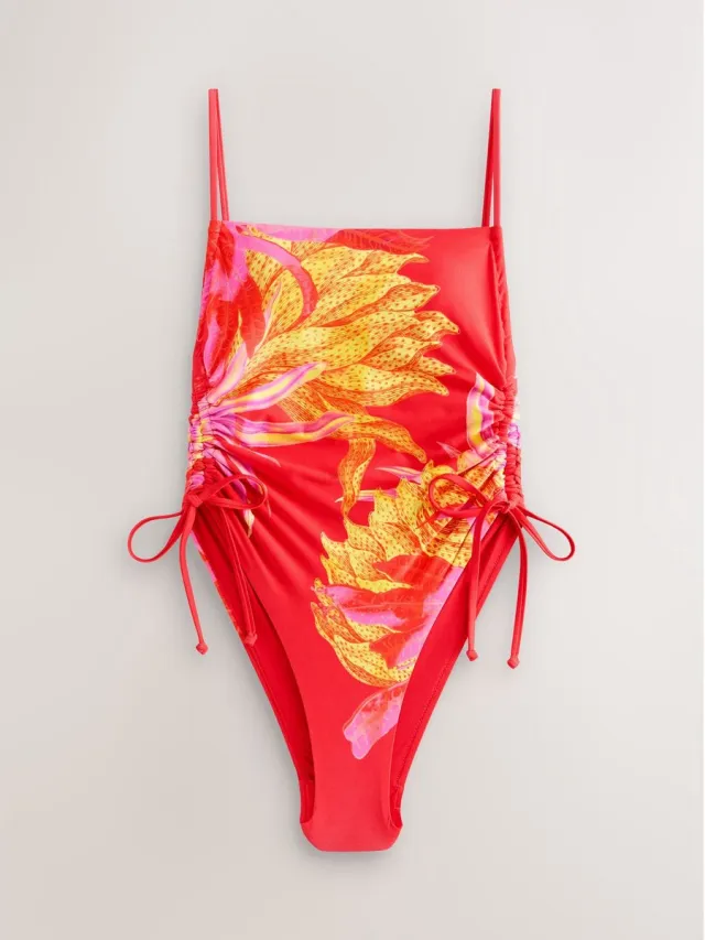 Next Dames - Buikcorrigerend badpak met ruches en vierkante hals - Rood Kew Gardens Tropical Print