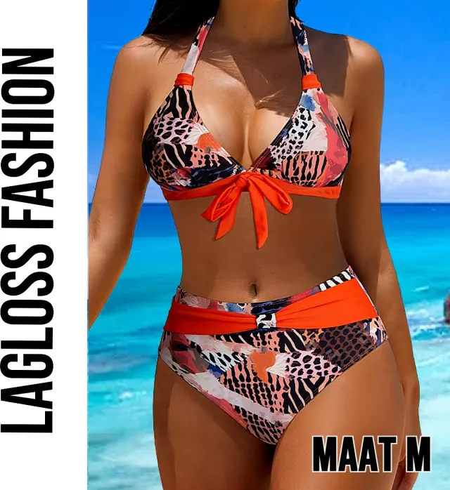 LaGloss 2-Delig Vintage Bikini Set Dames Halter Bikini Met Strikdetail & Oranje Accenten – Zomermode – Beach Fashion – Strandmode –