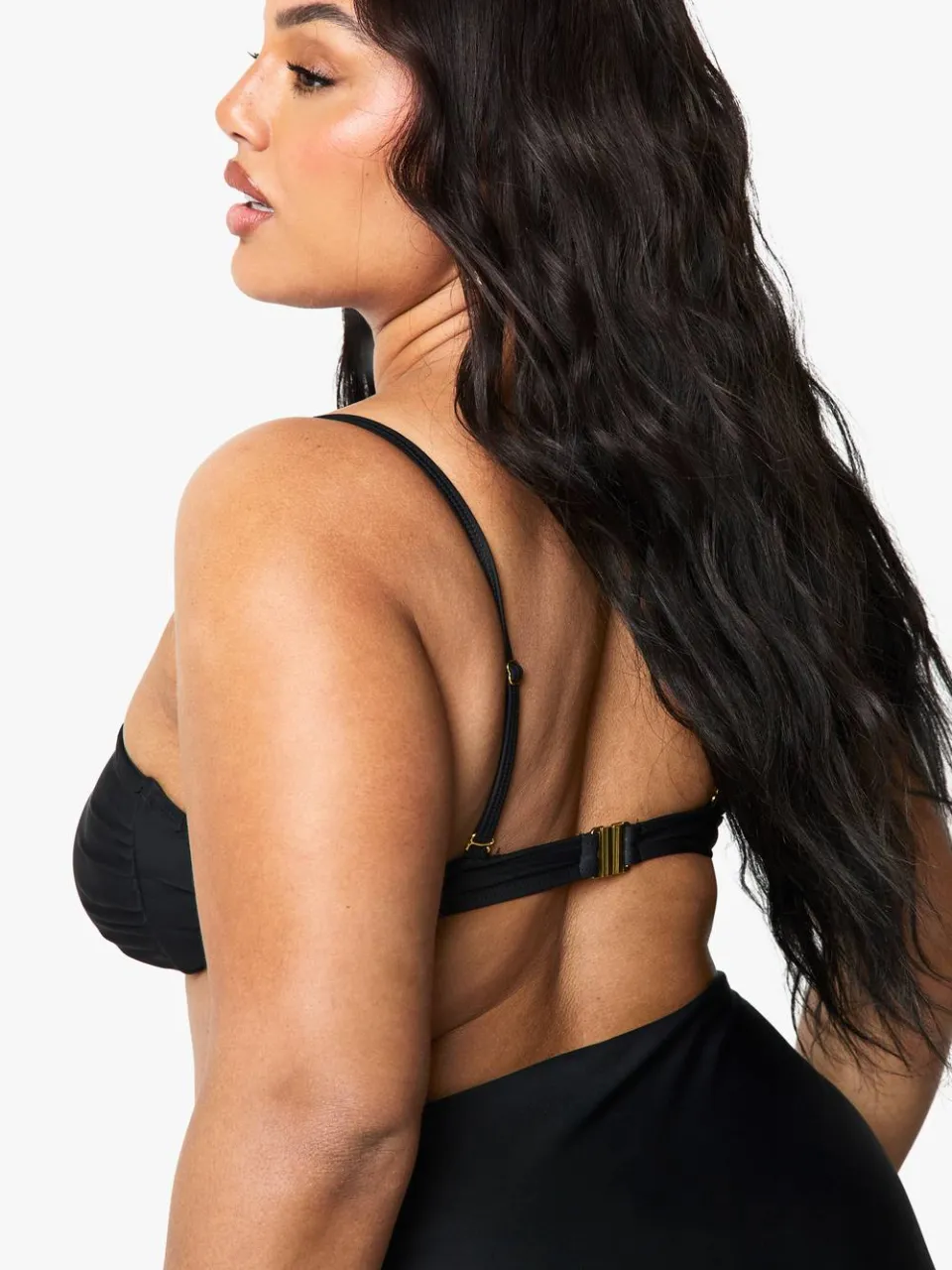 boohoo Dames Plus gerimpelde afneembare bandriem bandeau bikini top zwart, foto 3