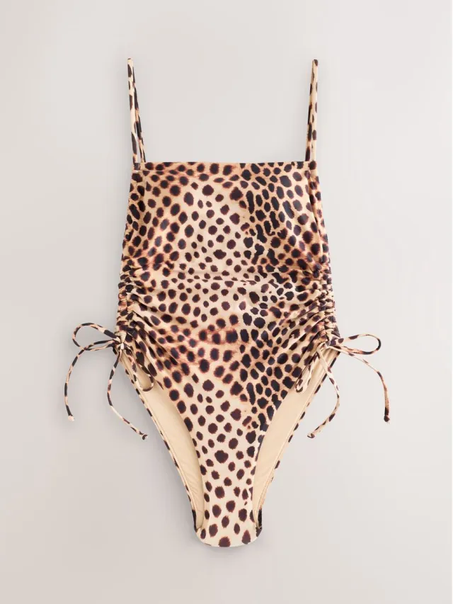 Next Dames - Buikcorrigerend badpak met ruches en vierkante hals - Bruin