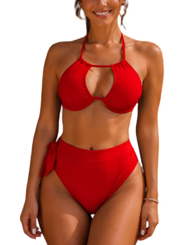 RedParrot Beugel bikini met push up - Hoge taille slip - Koordsluiting - Strikje - Sexy Rood