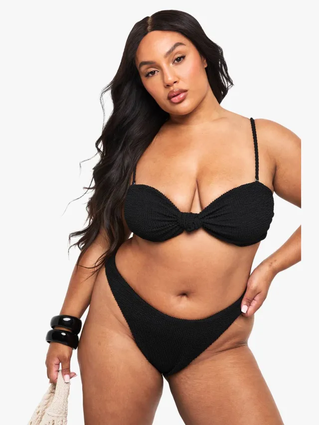 boohoo Dames Plus gerimpelde knoop-front bikini top zwart, foto 3