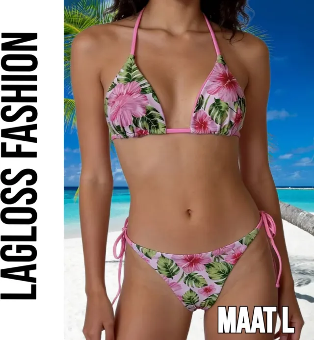 LaGloss 2-delig Dames Roze Bloemen Bikini Set – Tropische Hibiscus Print Halter Bikini met Strikbroekje – Zomer mode – Beach Fashion –