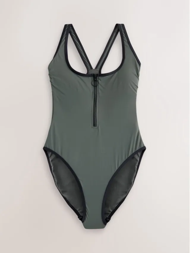 Next Dames - Vormgevend en buikcorrigerend badpak met rits - Groen Khaki Green