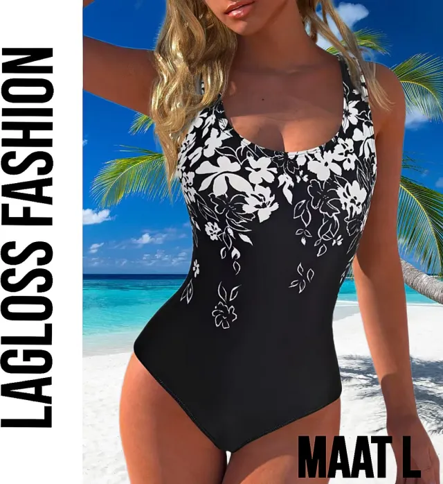 LaGloss Zwart Dames Badpak met Witte Bloemenprint - Open Rug – Ronde hals – Stretch Zwempak – Zomermode – Beach fashion –