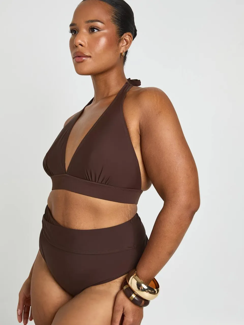 boohoo Dames Plus Buikcontrolerende Wikkel Hoge Taille Bikinibroekje chocoladebruin, foto 3