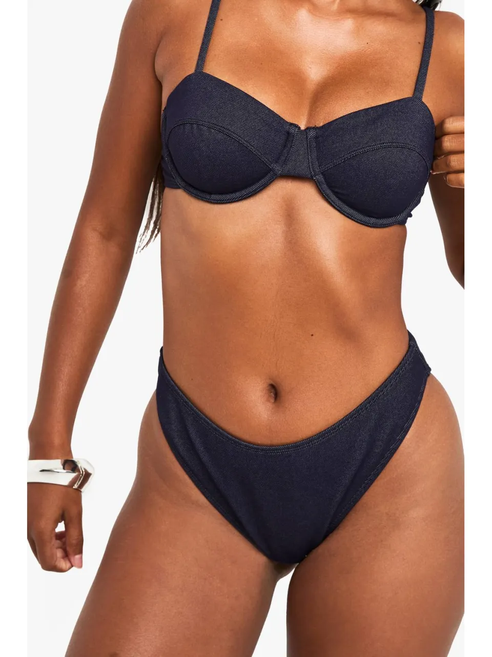 boohoo Dames Denim Look V Hoge Been Bikini Onderstukken, foto 4
