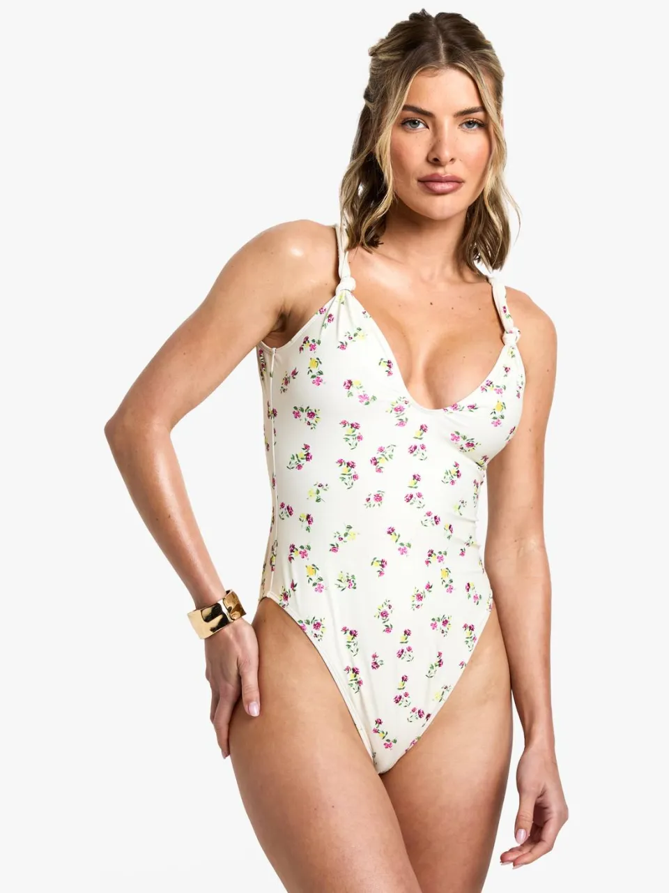 boohoo Dames Bedrukte badpak met knoopdetail crème, foto 3