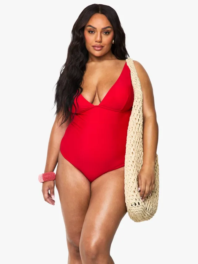 boohoo Dames Badpak met buikcontrole en diepe V-hals Rood