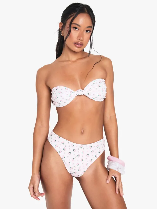 boohoo Dames Swimwear Essentials Ditsy Floral Knot Bandeau Bikini Top Roze