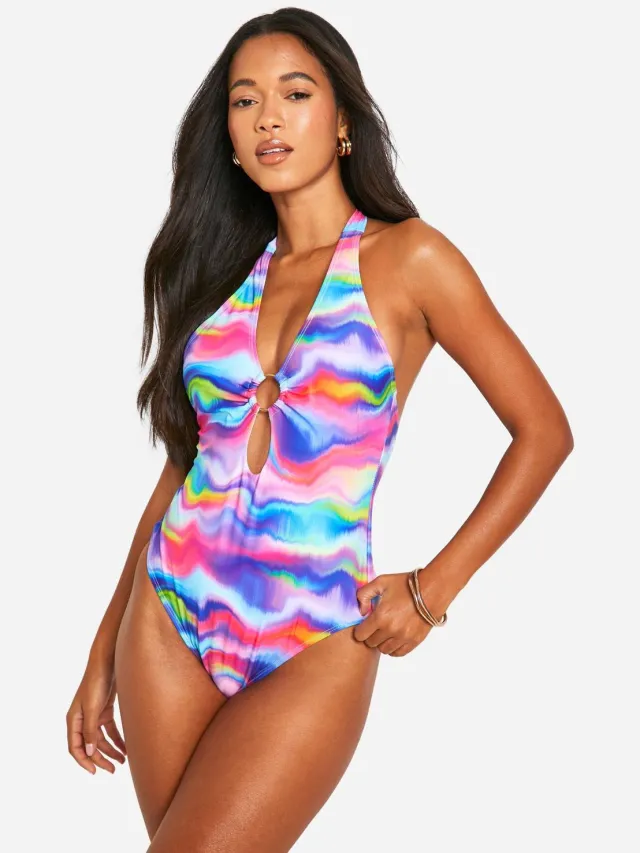 boohoo Dames Marmer O-ring Uitgesneden Badpak Illusion Blue