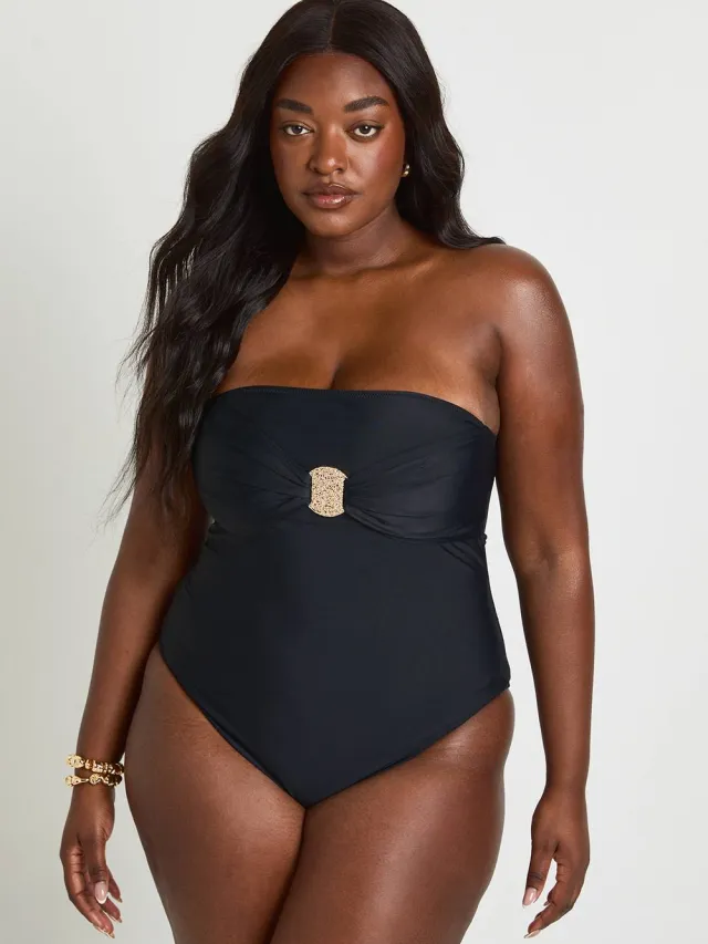 boohoo Dames Plus Badpak Bandeau Met Goudkleurig Detail Zwart