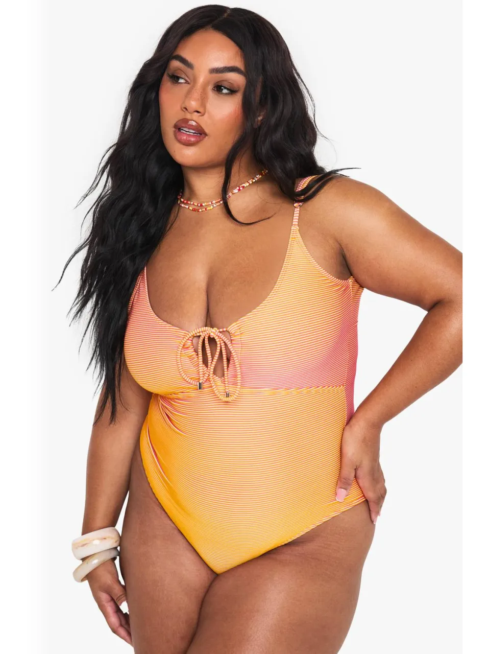 boohoo Dames PLUS TEXTURED STRIPE CUTOUT BADKOSTUUM oranje, foto 2