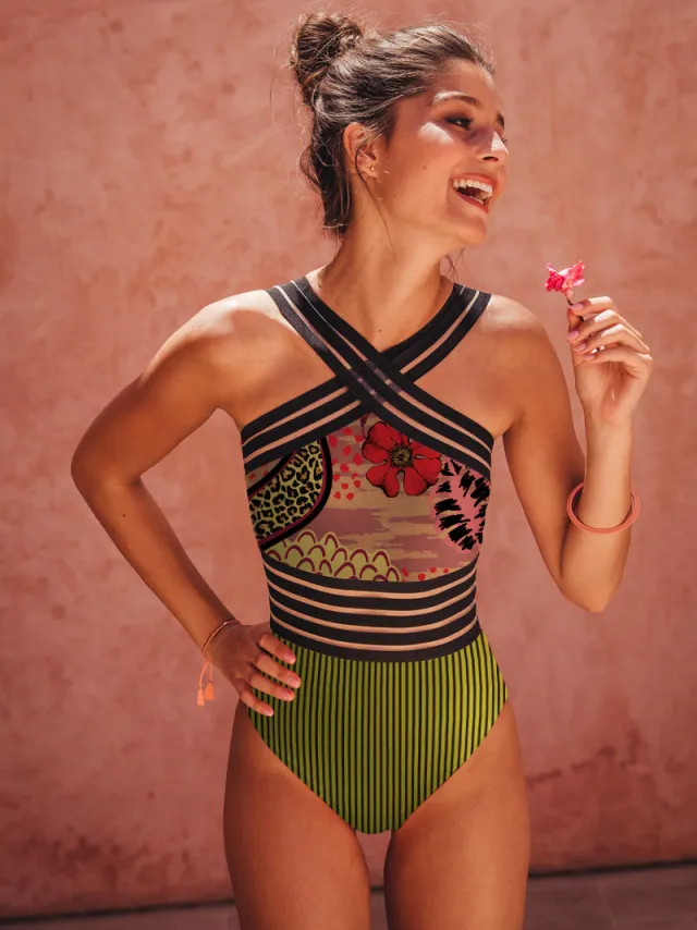 Averie dames vegan Badpak Narelle Rood Bloemen En Strepen Bruin