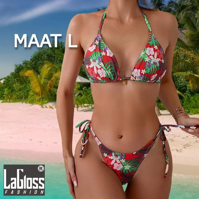 LaGloss Tropische Bloemenprint Bikini set - zomer - beach swimsuit - strand bikini zwembad - 2-delig - Maat L %% Rood