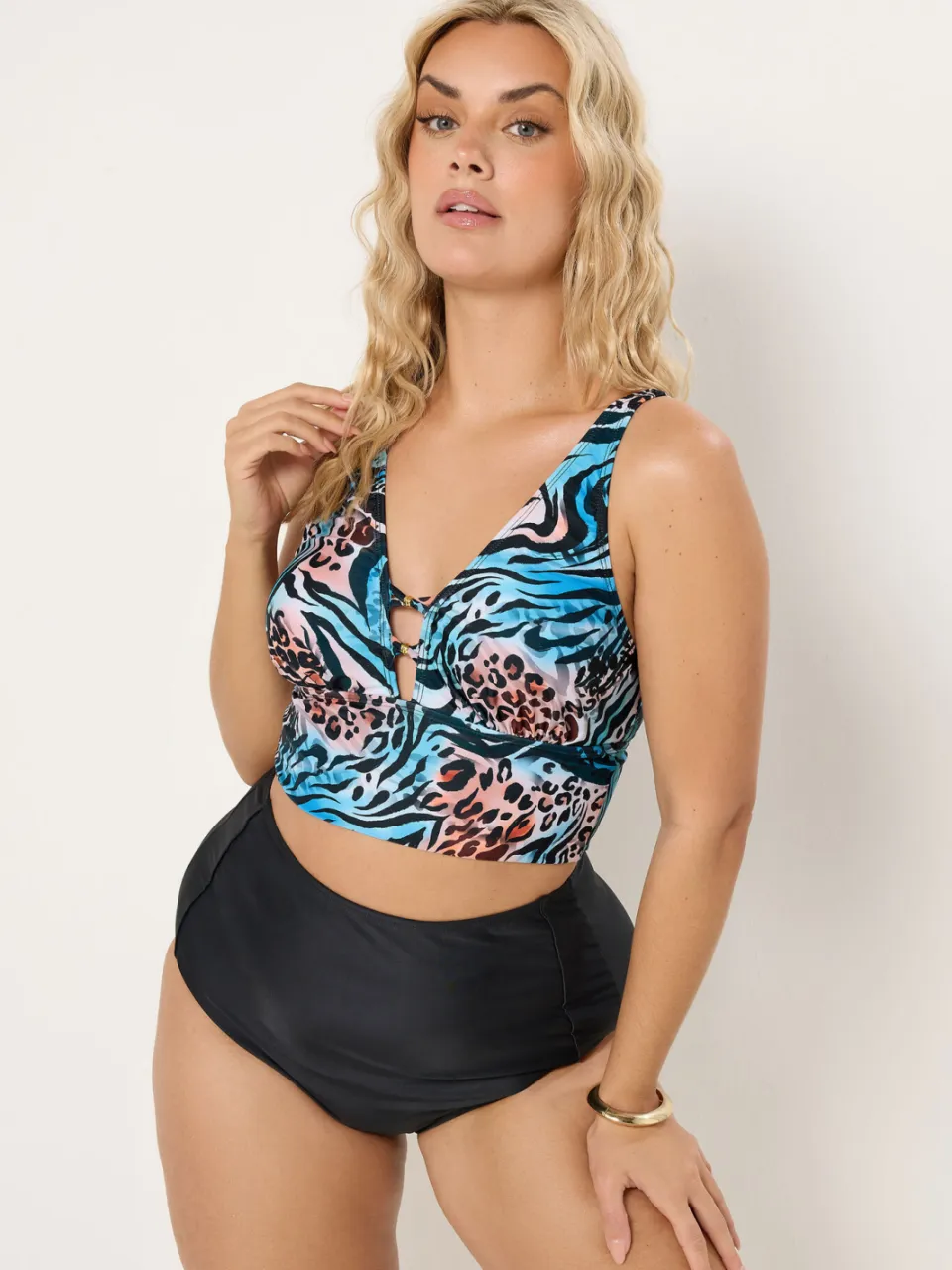 Yours Blauwe En Oranje Bikinitop Met Dierenprint En Diepe Halslijn, foto 2
