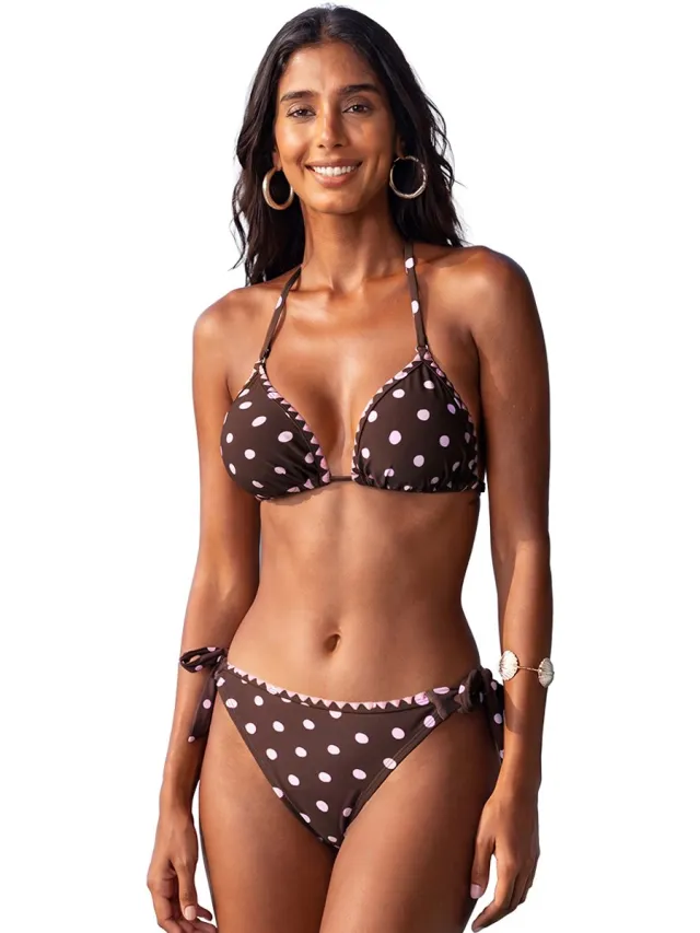 Cupshe Triangle Bikini Set - Roze Polkadot - Verstelbare Bandjes - Zijstrikjes - Dames - Bruin