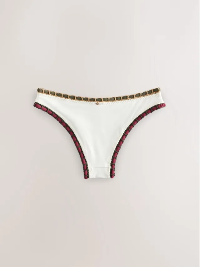 Next Dames - Hoog uitgesneden bikinislip met contrasterende rand en zweepsteek - Crème Cream/Khaki/Red