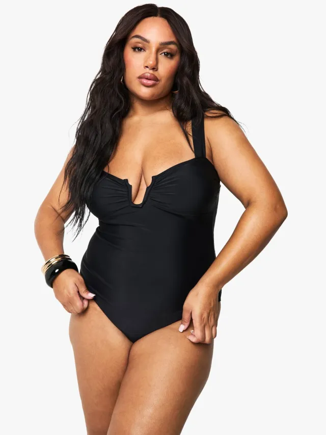 boohoo Dames Plus Tummy Control Geraffeld Voorbadpak Zwart