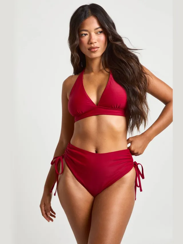 boohoo Dames Buikcontrolerende Gefronsde Hoge Taille Bikinibroek Bordeaux Rood