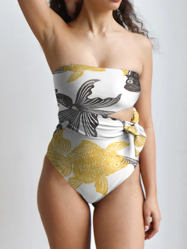 Averie dames vegan Badpak Alina Met Strikdetail Koiprint Ivoor Crème