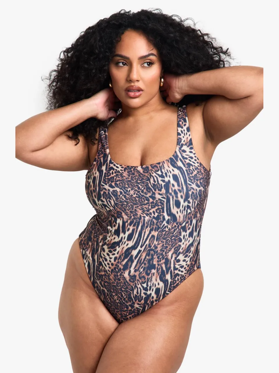 boohoo Dames Plus Swimwear Essentials Luipaard Badpak met Scoop Hals luipaardprint, foto 3