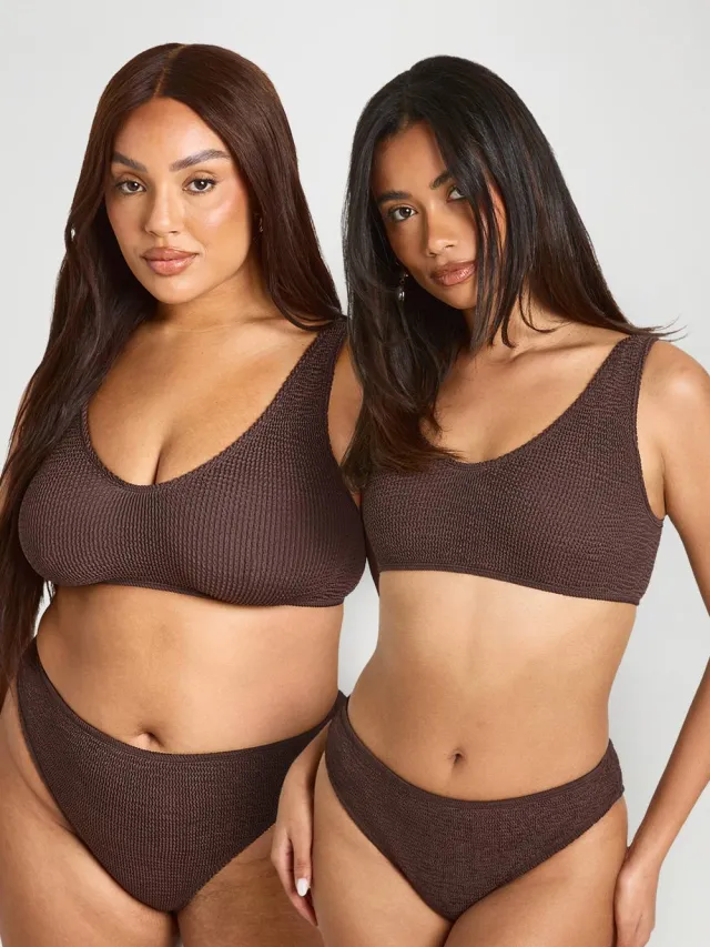 boohoo Dames Premium One Size Fits All Gekreukt Hoge Taille Bikinibroekje Chocoladebruin