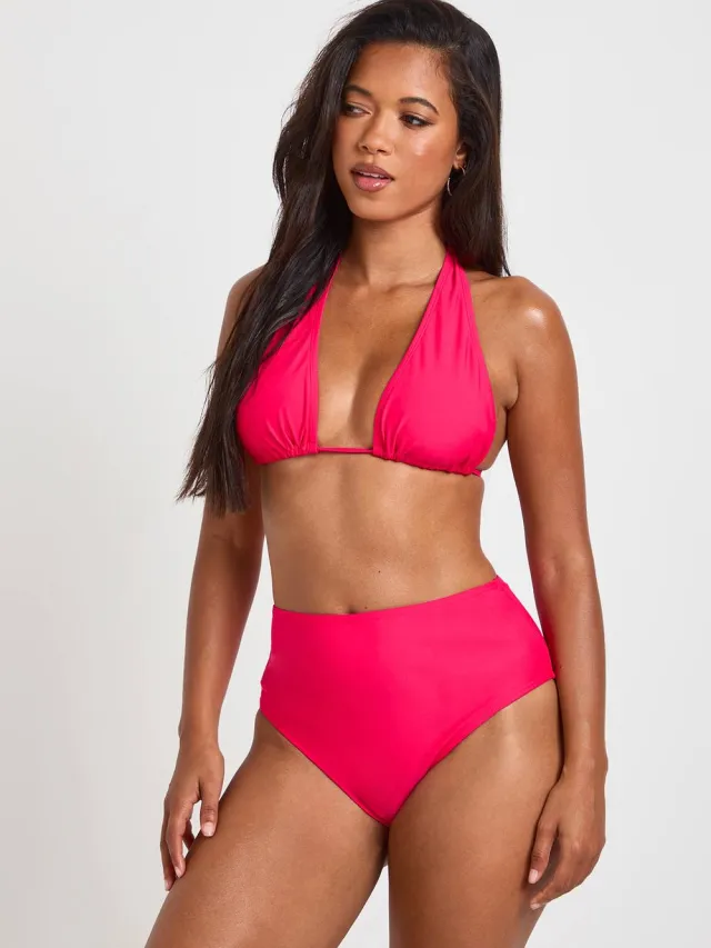 boohoo Dames Buikcontrolerende Halternek Driehoekige Bikinitop & Hoge Taille Bikinibroekje Set Donker Roze