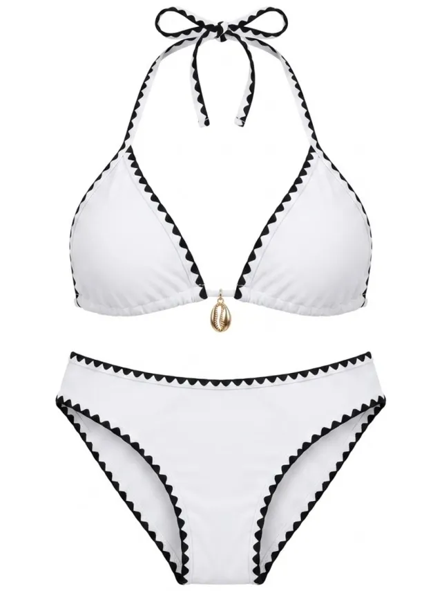 NUVEX Wit zwart bikini set dames triangle bikini halter bikini zwempakset met contrasterende randafwerking 2 delige strandkleding vakantie zwemkleding