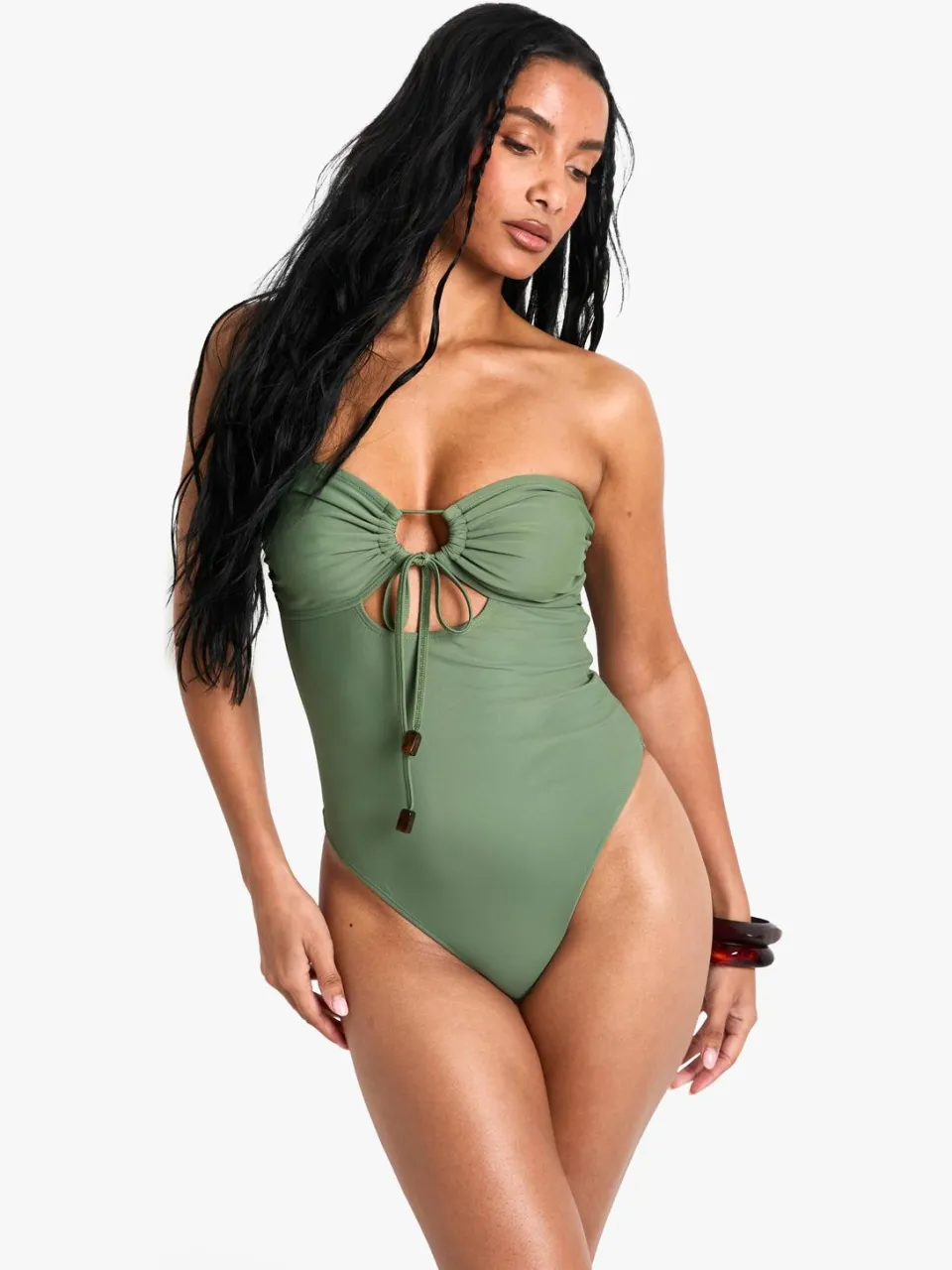 boohoo Dames Resin Trim Swimsuit kaki, foto 3