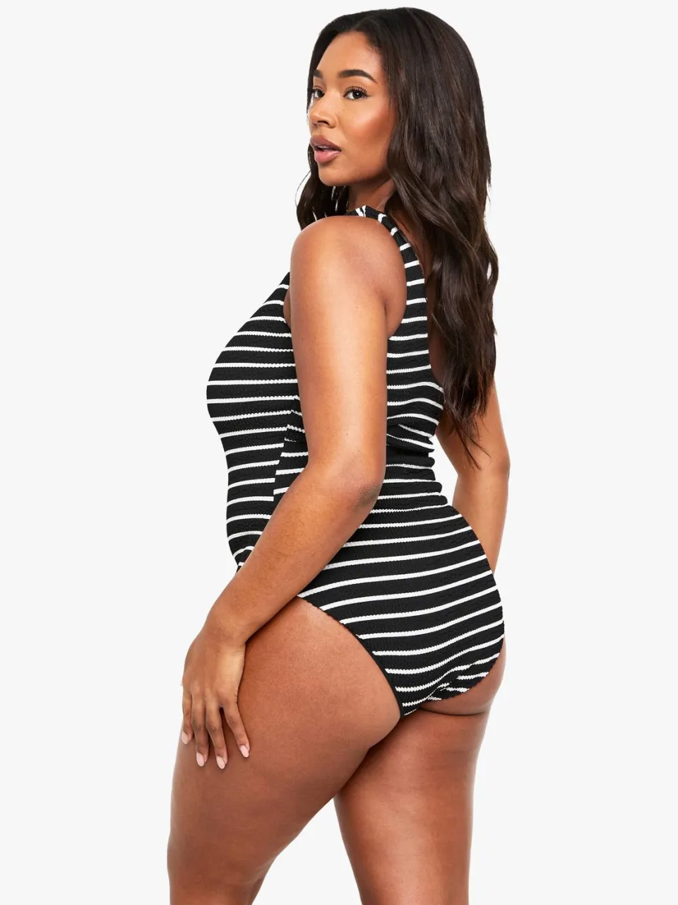 boohoo Dames PLUS GEKREUKELD GESTREEPT EENSCHOUDELijK BADKOSTUUM zwart, foto 2