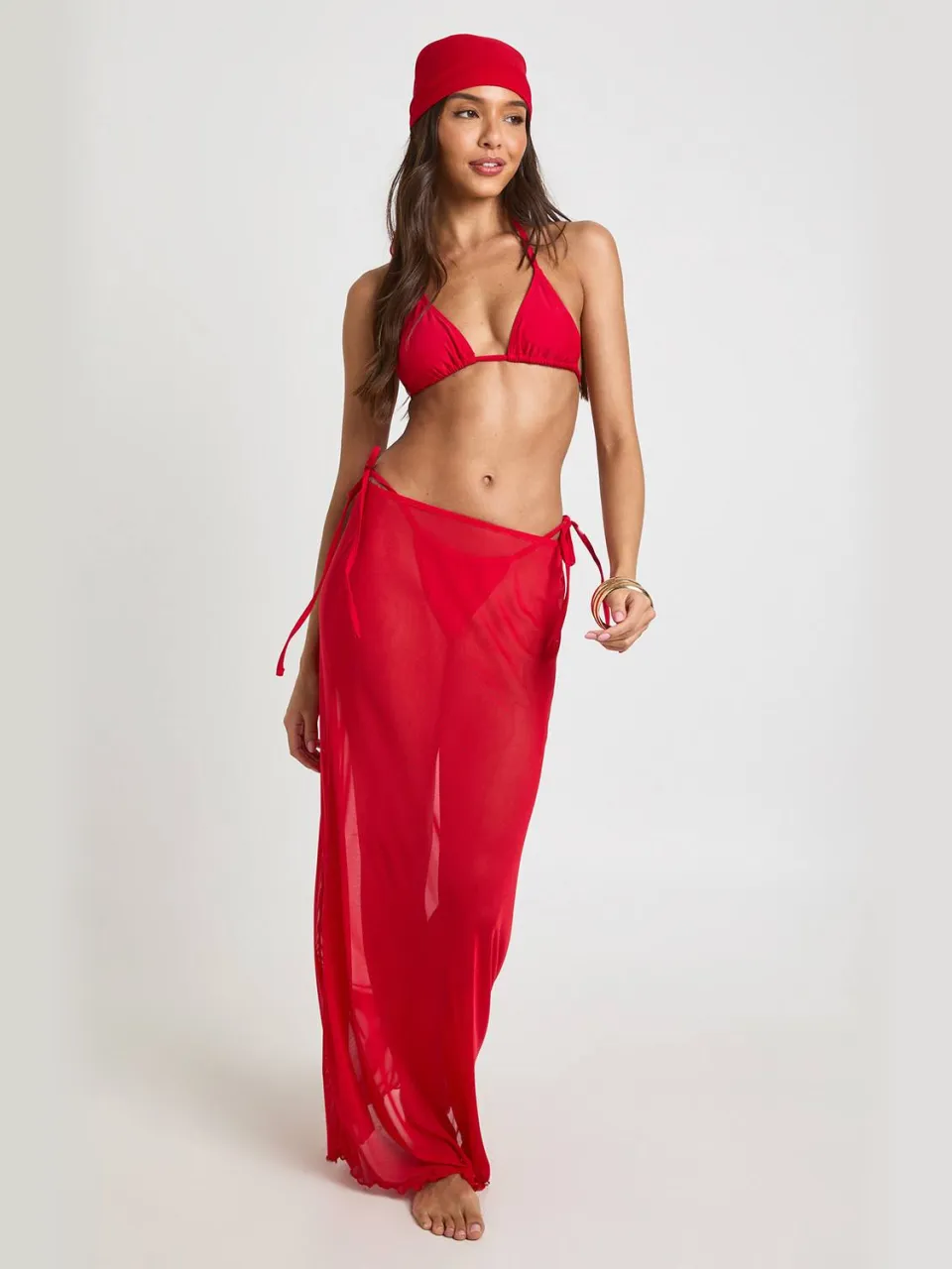 boohoo Dames Driehoekige Bikiniset Met Maxirok En Hoofddoek rood, foto 3