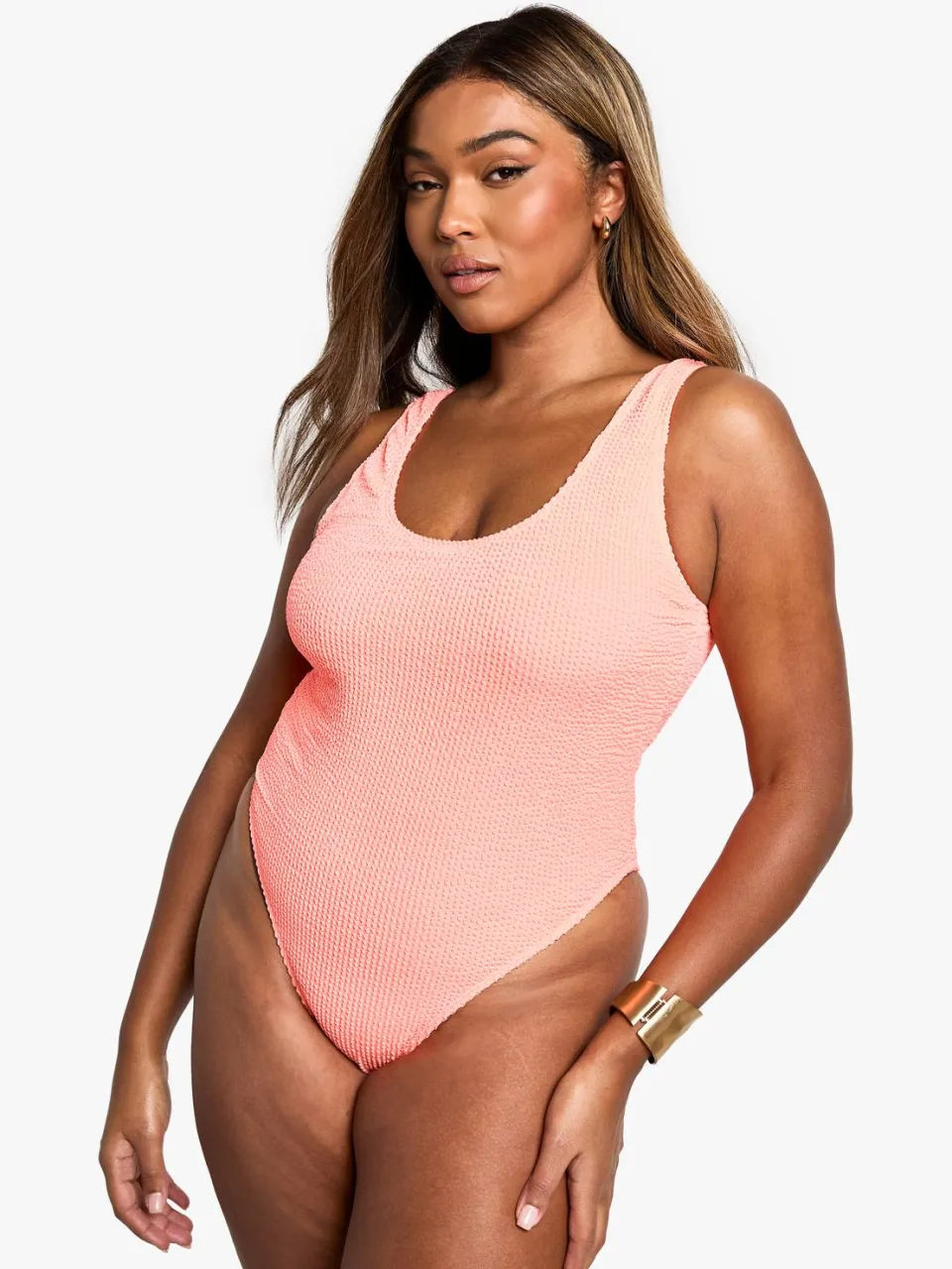 boohoo Dames Plus Crinkle Tummy Control Badpak koraal, foto 3