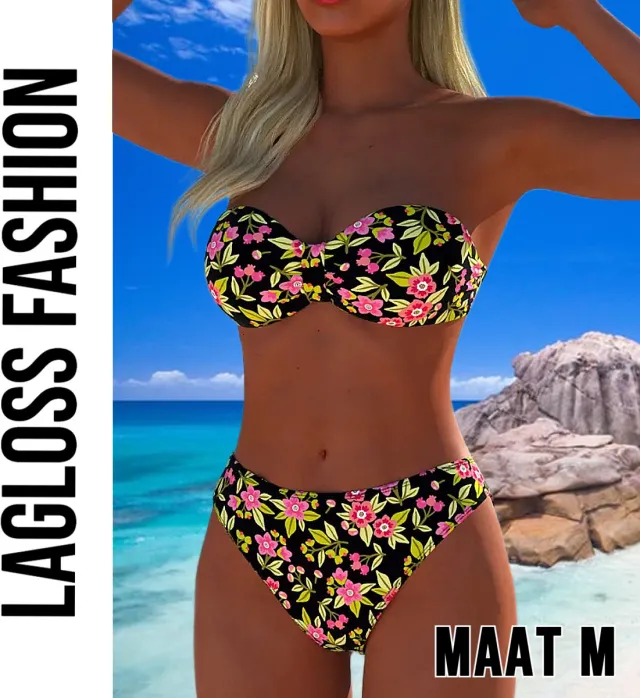 LaGloss Trendy Strapless Bikini Set – 2-delige Bloemenprint Badmode voor Dames – Strapless Top & Bikini Slip – Zwart