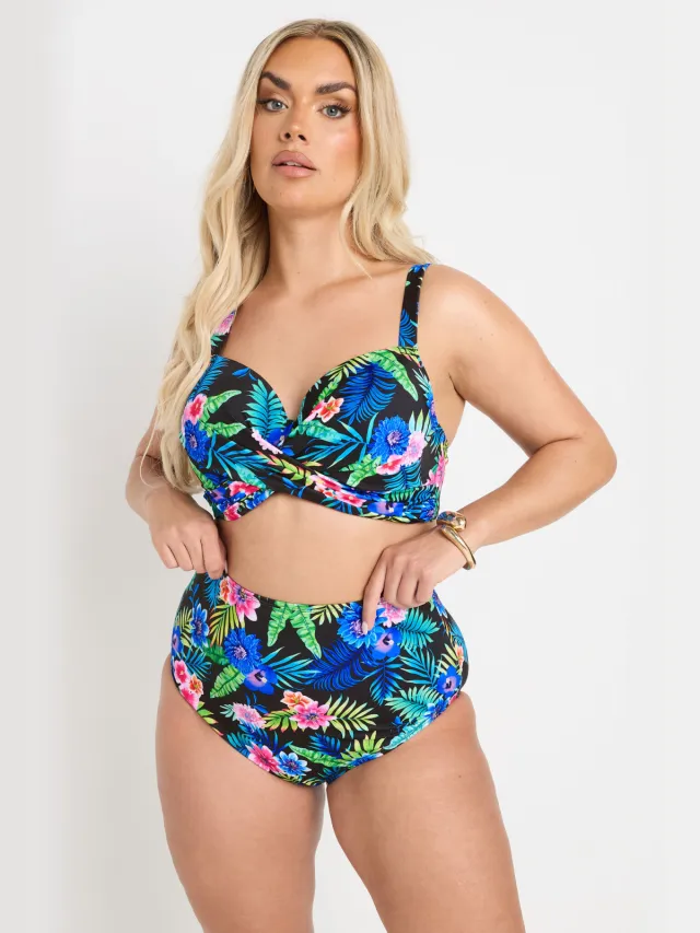 Yours Bikinibroekje Met Tropisch Bloemenmotief En Hoge Taille In Zwart/Blauw, foto 2