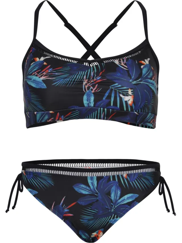 La V Bikini classic met kant detail - Tropical flowers 164-170 Donker blauw