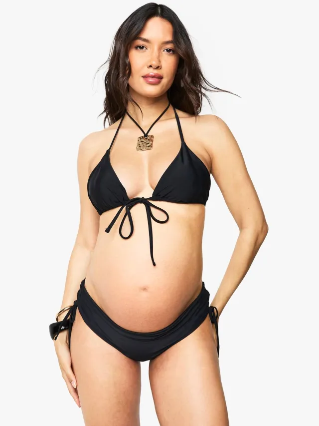 boohoo Dames Zwangerschaps-bikini met strik aan de voorkant, driehoekige pasvorm, hoog getailleerd en met geruikte zijkant Zwart