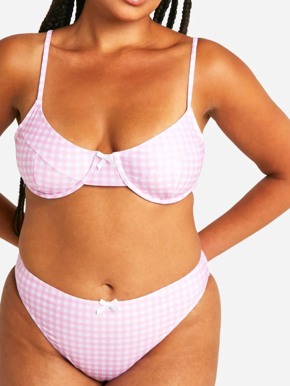 boohoo Dames Plus Gingham Print Hoog Getailleerde Bikini Slip roze, foto 4