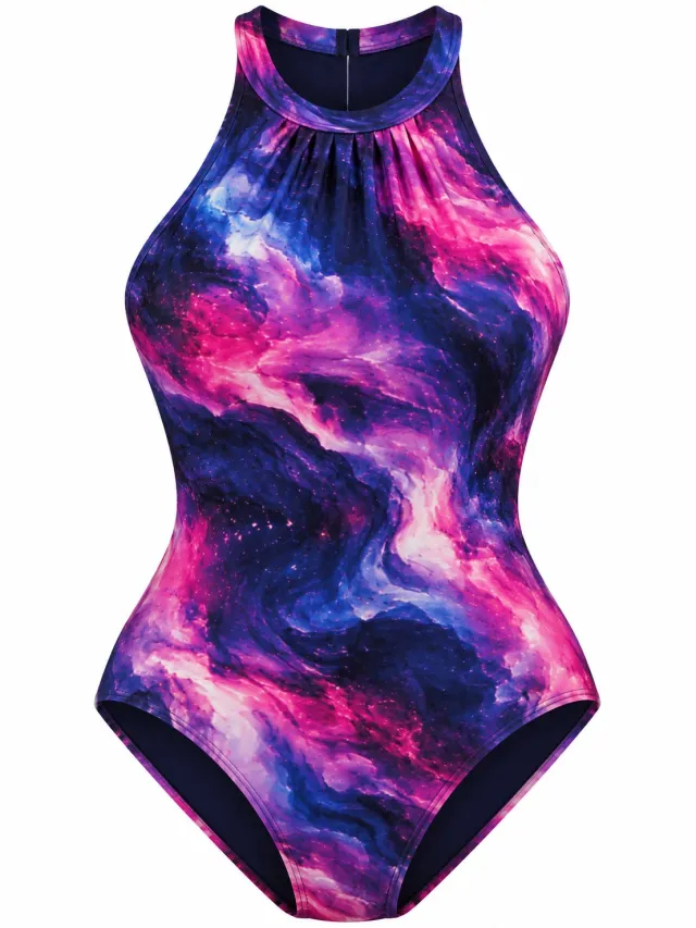 Cyell Allure Badpak Dames – Maat 38 – Elegant Dames Zwempak – Comfortabele Pasvorm – Stijlvolle Badmode – Strand & Zwemkleding blauw, roze en paars